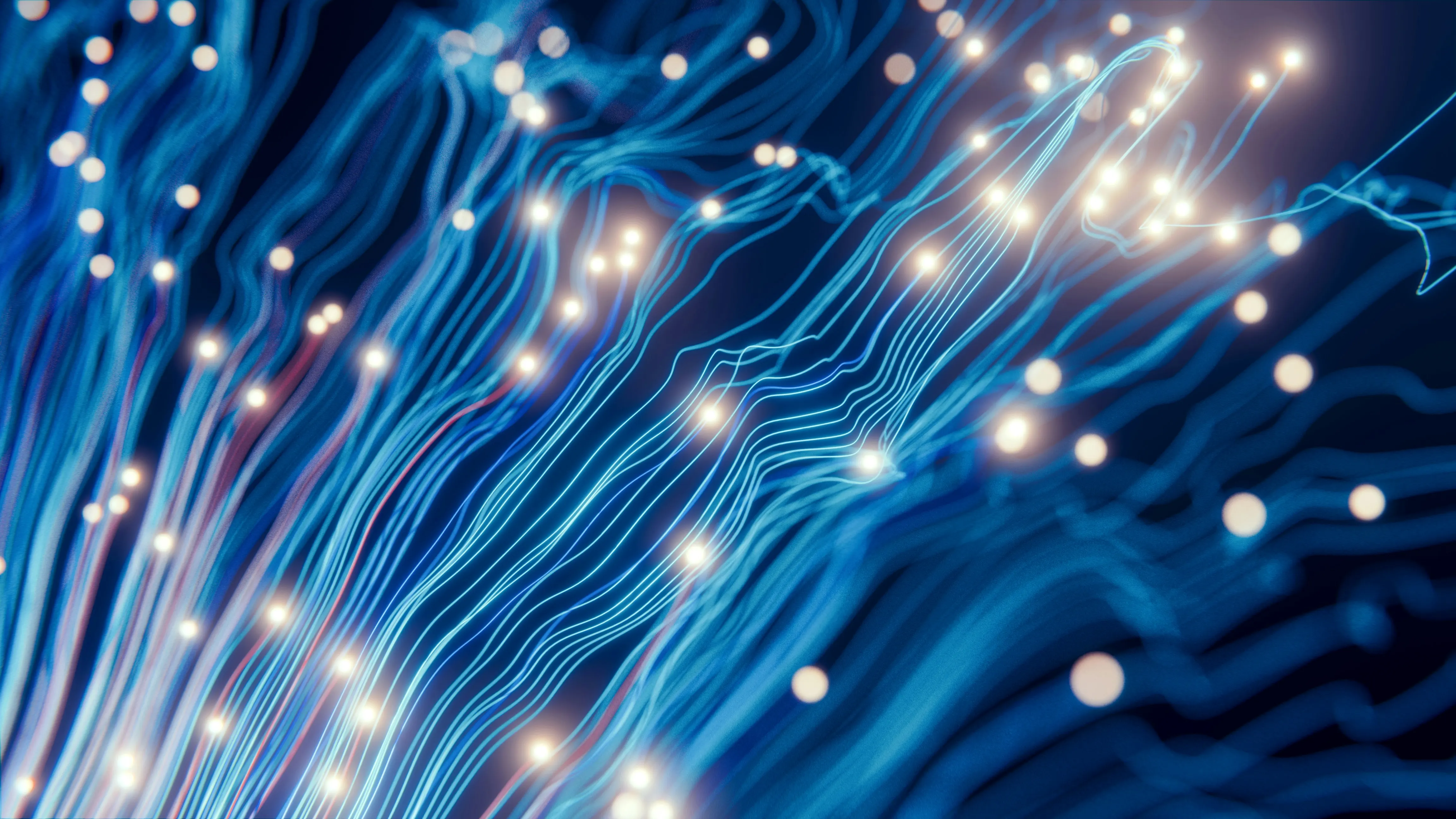 Fibras ópticas iluminadas en tonos azules representando redes de datos